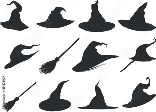 Collection of witch hats and broomsticks silhouettes, perfect for Halloween themed designs.