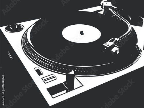 Black and white stylized illustration of a turntable with a vinyl record spinning.
