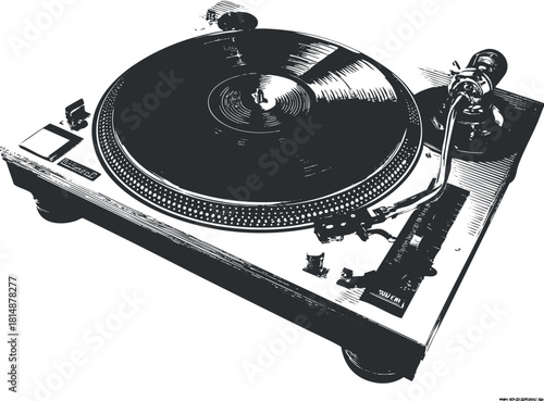 Black and white illustration of a classic turntable with a vinyl record spinning.
