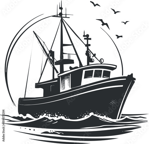 Black and white vector illustration of a fishing boat in the ocean with flying seagulls.