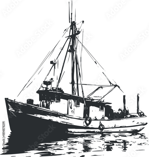 Black and white sketch of a fishing boat on the water with detailed rigging and hull.