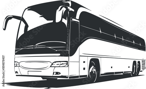 Monochrome illustration of a coach bus, highlighting its design and features for transportation.