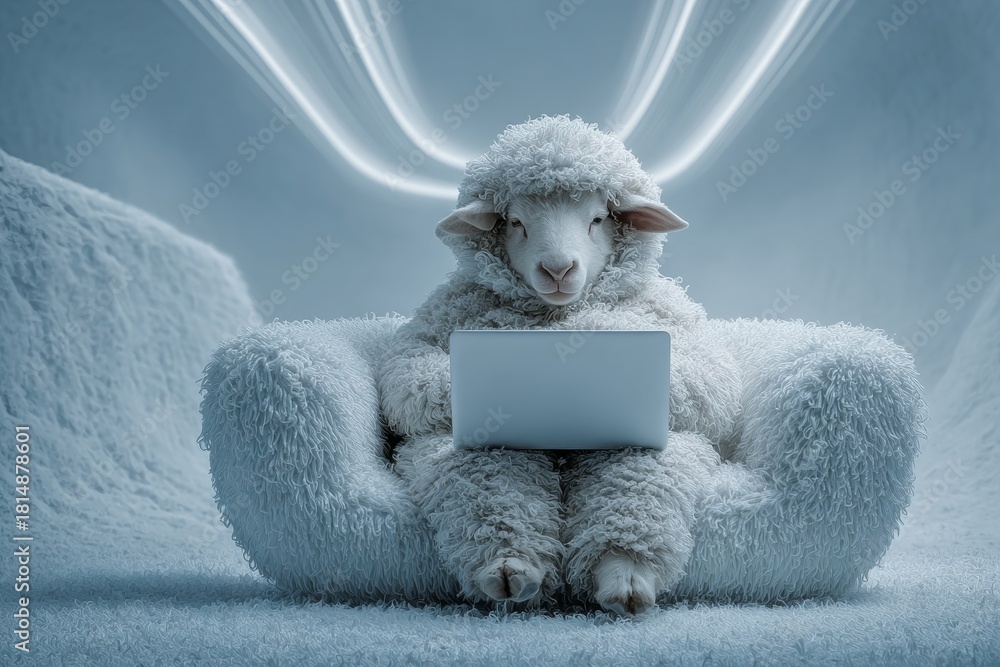 Obraz premium Cute sheep delighted by technology in bright morning room. Morning sheep. Why crypto trading may not be the escape you expect. Avoid crypto loss. Crypto danger alert.