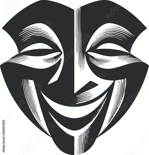 Black and white illustration of a theatrical mask symbolizing comedy and tragedy in drama.