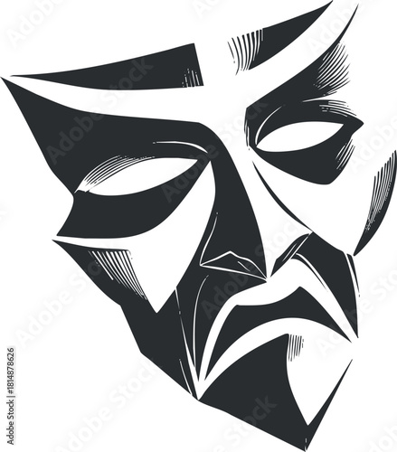Abstract black and white mask design, symbolizing mystery and drama in a bold illustration.