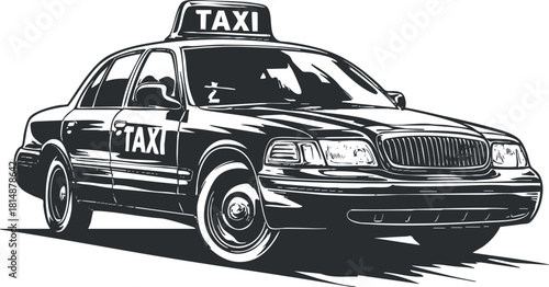 Black and white illustration of a classic taxi cab in vintage style.