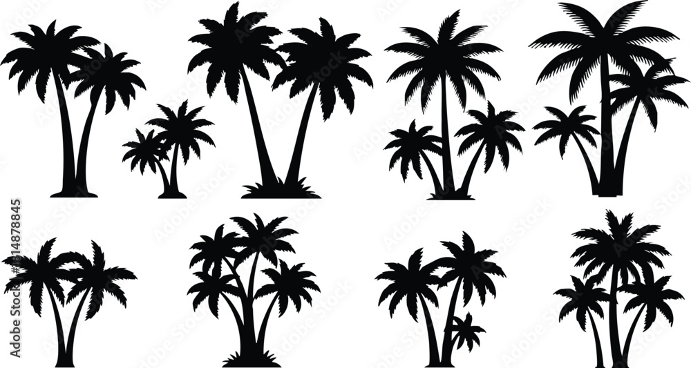 Fototapeta premium Collection of palm trees silhouettes in various shapes and sizes for tropical designs and illustrations