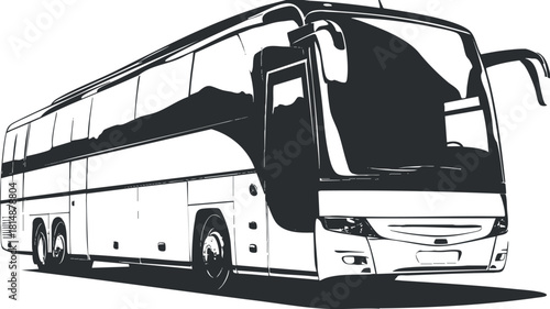 Black and white illustration of a modern coach bus, highlighting transportation and travel concepts.