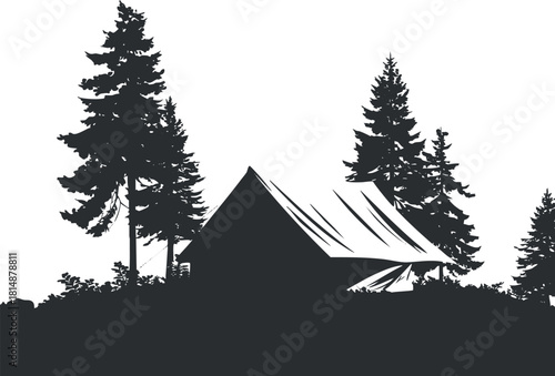 Silhouette of a tent surrounded by tall trees in a forest, emphasizing outdoor adventure.
