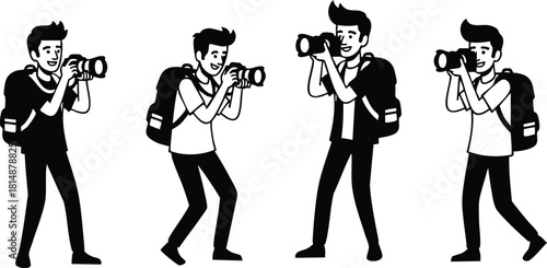 Photographer capturing moments in various poses with camera and backpack for travel adventures and storytelling 