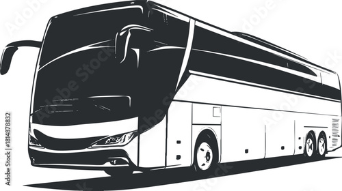 Black and white illustration of a modern coach bus, emphasizing travel and transportation.