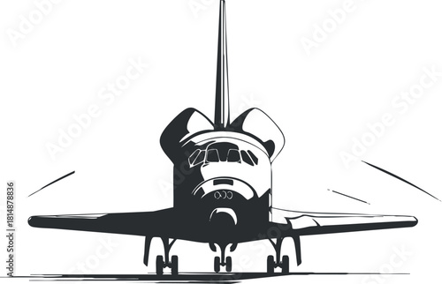 Black and white vector illustration of a space shuttle in flight, highlighting aerospace engineering.