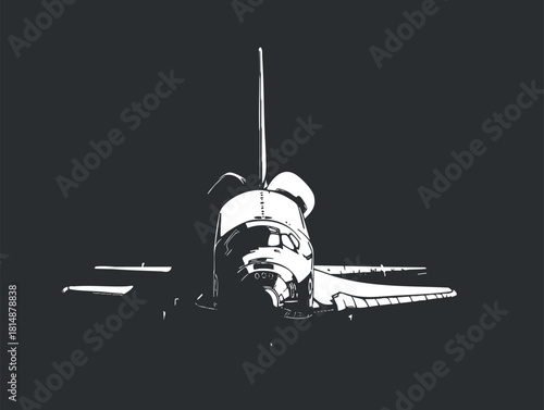 Minimalist black and white illustration of a space shuttle, highlighting its sleek design and form.