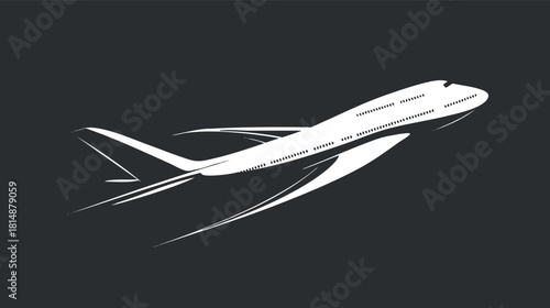 Vector silhouette of a commercial jet airplane in flight on a dark background.