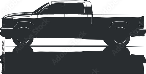 Silhouette of a pickup truck in black and white, showcasing a side view with wheels.