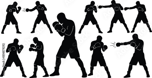 Boxing silhouettes in various fighting poses showcasing athleticism and movement for sports illustrations and designs 
