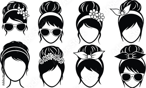 Stylish women with various updo hairstyles and accessories for modern fashion illustration 