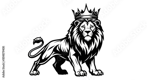 Majestic Lion Wearing a Crown Black and White Vector Illustration.