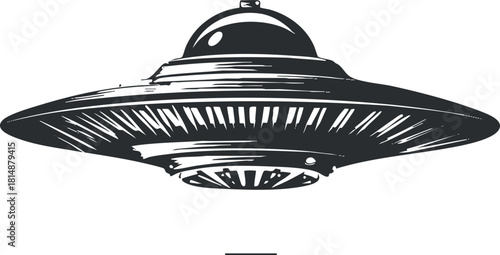 Black and white illustration of a UFO spaceship, isolated vector design for sci-fi themes.