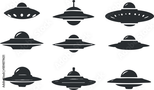 Set of nine UFO silhouettes depicting various spacecraft designs in black and white.