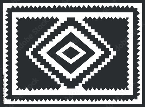 Black and white geometric pattern with diamond shapes and zigzag border, resembling a rug design.