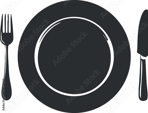Black and white silhouette of a plate with fork and knife, ideal for dining themes.