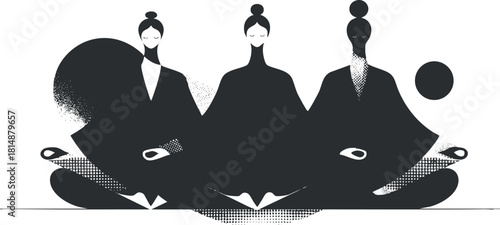 Minimalist abstract illustration of three women meditating in silhouette, embodying balance and tranquility.