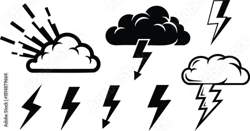 Weather elements including clouds and lightning bolts vector illustration for design purposes 