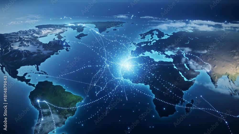 Global connections map with glowing lines and nodes on a world map at ...