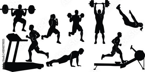 Fitness activities silhouettes showcasing various exercises including weightlifting, running, and push-ups for healthy lifestyle promotion 