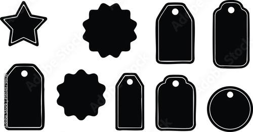 Various shapes of black labels and tags for creative design projects including stars, circles, and stars for versatile use 