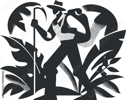 Stylized silhouette of a farmer with a cane and backpack amidst large plants in black and white.