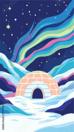 Colorful aurora lights over snowy igloo winter landscape