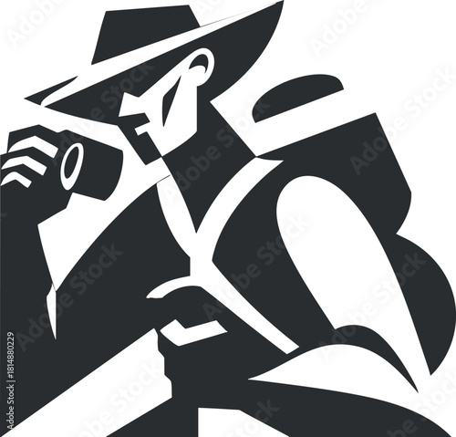 Monochrome illustration of a stylized hiker with a backpack and hat, capturing adventure spirit.