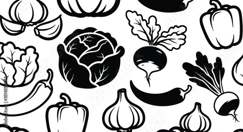 Various vegetables including cabbage, peppers, and radishes in a stylized vector illustration suitable for culinary uses 