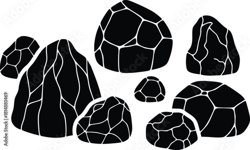 Abstract vector illustration of various textured rocks in black and white for artistic design purposes 