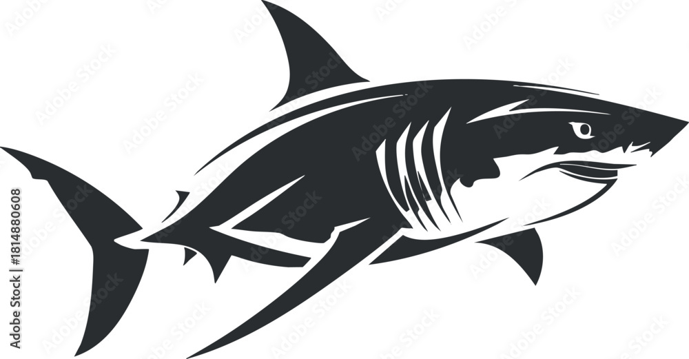 Obraz premium Black and white silhouette of a shark with sharp features, illustrating marine wildlife.