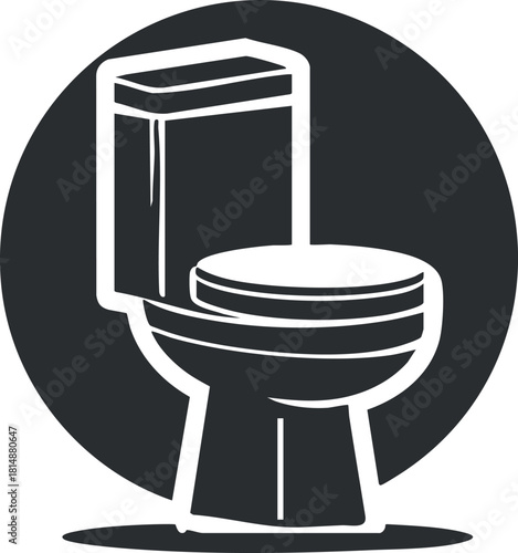 Black and white toilet icon in a circular design, representing bathroom and plumbing concepts.