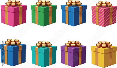 Colorful luxury gift boxes with golden bows, festive present collection, holiday celebration packages, elegant wrapped gifts for Christmas, birthdays, special events