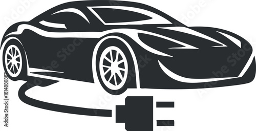Stylized black and white illustration of an electric car with a charging plug.