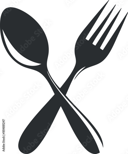 Black and white silhouette of crossed fork and spoon, representing dining and kitchen utensils.