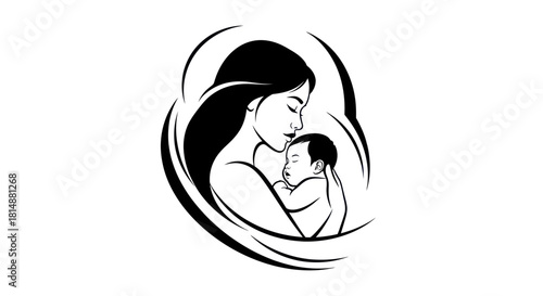 Stylized Black and White Illustration of a Mother Embracing Her Baby.