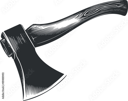 Black and white illustration of a vintage axe with a wooden handle and sharp blade.