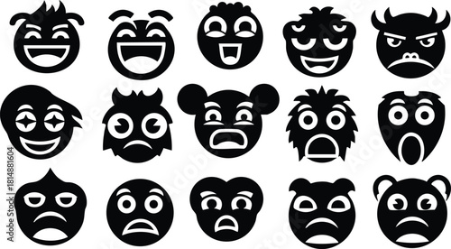 Various expressive emoji faces showcasing a range of emotions including happiness, sadness, and anger in a black and white vector format .