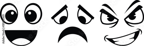Emotions depicted through three expressive face illustrations showcasing joy, sadness, and mischief in a playful design 