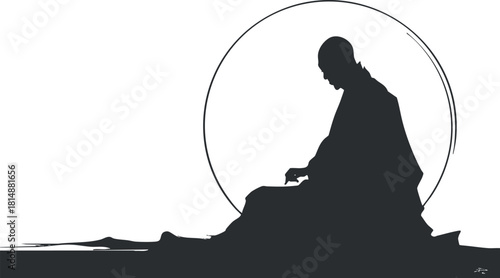Silhouette of a meditating monk within a circle, symbolizing peace and mindfulness.