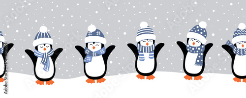 Happy Baby Penguins Enjoy Winter Holidays. Christmas Seamless Border. Funny Penguins in Blue Hats, Scarves. Cute Animals under Snowing. Vector illustration in Blue, White, Black on Gray