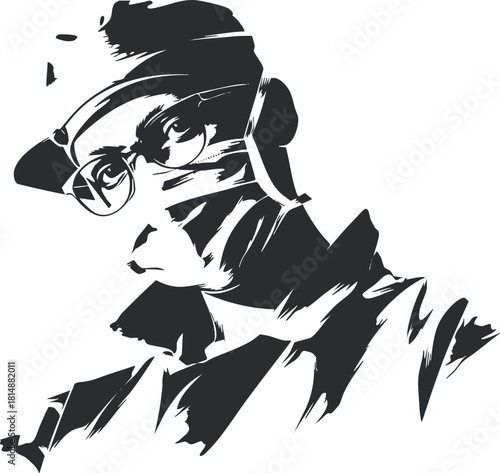 Black and white vector illustration of a surgeon wearing glasses and a mask in silhouette style.