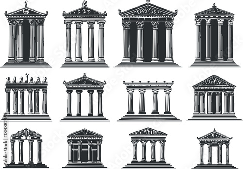 Illustration of twelve classical Greek and Roman temple facades with columns and decorative elements.