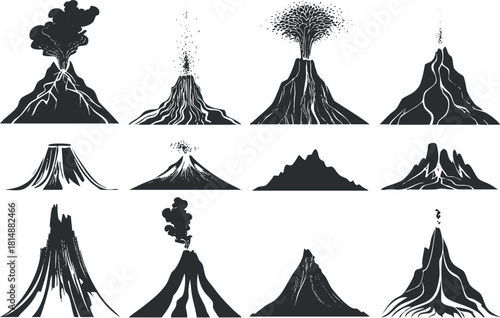 Black and white vector illustrations of various volcanic silhouettes showing different eruption stages.
